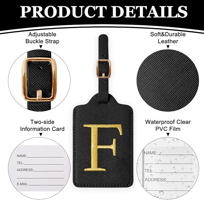 Personalized Initial Luggage Tags for Suitcases,Leather Letter Cute Luggage Tags with Privacy Name Card,Embroidered Monogrammed Travel Bag Backpack Tag Gifts for Women Kids Girls Teens(Black-F)