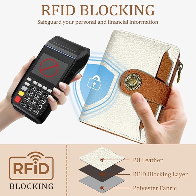 Icycay Beige Small Wallet Women RFID Blocking Bifold, Credit Card Holder, Zipper Coin Pocket, PU Leather, Compact, Travel, 4 ID Window, 14 Card Slots, Cash Purse, Ladies Woman Female Girls