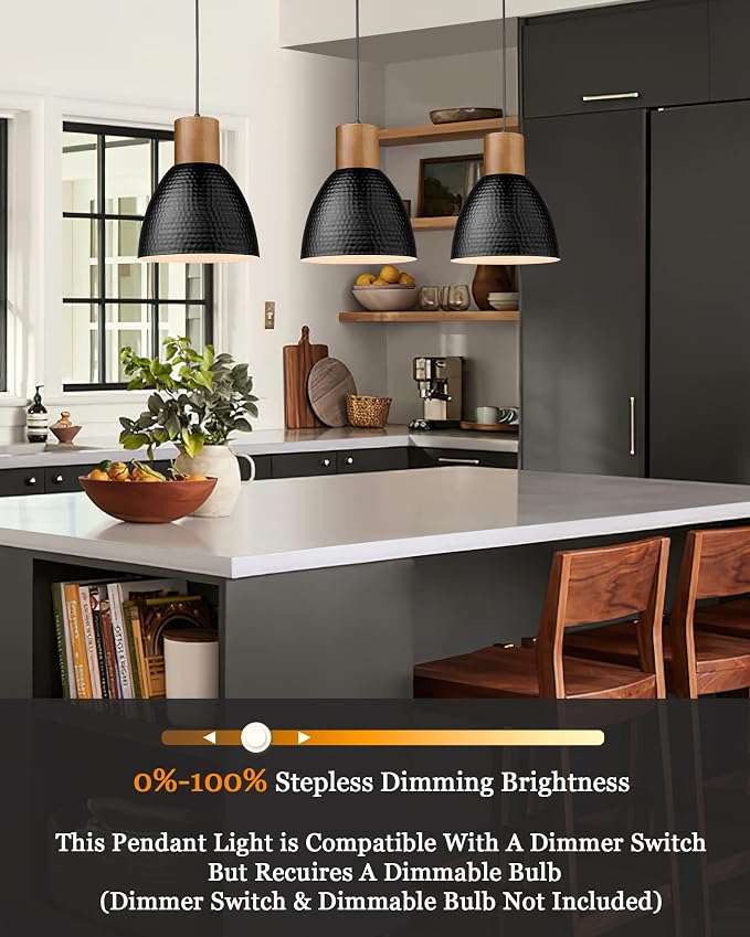 ELYONA Industrial Hammered Pendant Light 7” Small Solid Wood Hanging Lamp with Hammered Metal Shade, Farmhouse Pendant Light Fixtures for Kitchen Island, Dining Room, Bedroom, Office, Modern Black