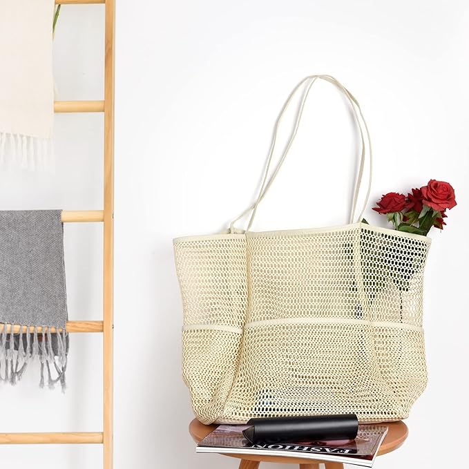 Tainehs Beach Bag - Mesh Tote Bag Beach Vacation Clothes for Women Pool Bag for Travel Pool Family Cruise Essentials 2026