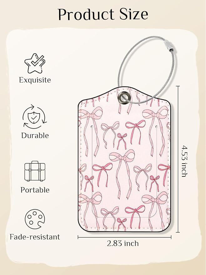 Seorsok 2Pcs Luggage Travel Tags for Suitcases,Cute Ribbon Bow PU Leather Name Tag with Privacy Cover&ID Label Address Card and Durable Metal Ring Suitable for Men Women Handbags Backpack,Pink