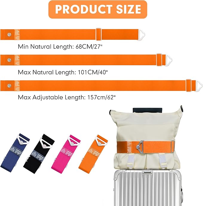 2-in-1 Travel Belt for Luggage Over Handle, Luggage Belt for Carry on Bag, Suitcase Straps, Add a Bag Bungees Luggage Straps Adjustable with Alloy Buckle,Hands-Free for Airport (Orange, 1 Pack)