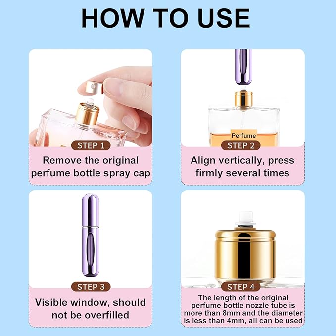 Portable Mini Perfume Atomizer Bottle, Refillable Spray, Scent Pump Case, Travel Atomizer (5ml, 5 Pack) (Purple, Blue, Breen, Rose Red, Silver)