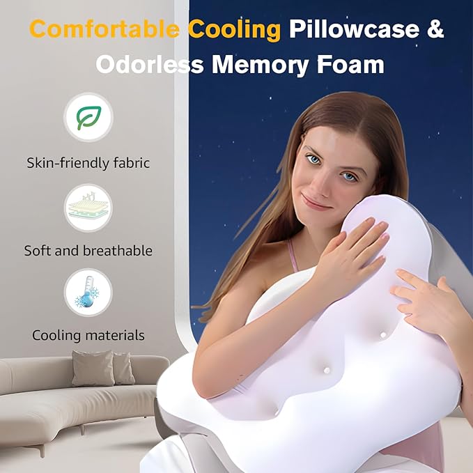 Cervical Neck Pillow, Pillows for Neck and Shoulder Pain, Contour Pillow, Neck Pillows, Pillow for Neck Pain Relief, Side Sleeper Pillows for Adults, Ergonomic Pillow, Memory Foam Pillows(Light_White)