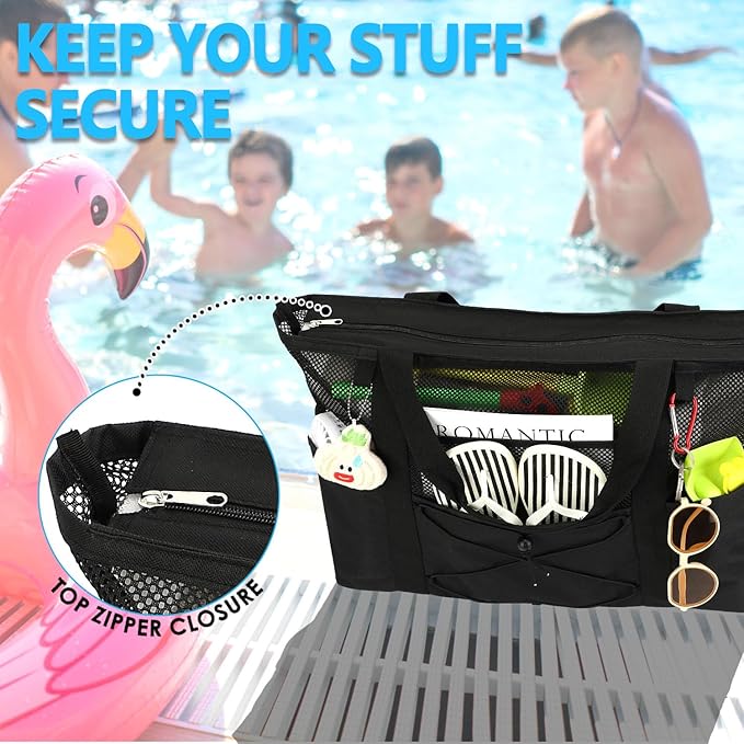 Fammart Mesh Beach Bag, Large Beach Tote with Zipper Pocket, Toys Pool Bag for Family Travel Vacation Cruise Essentials