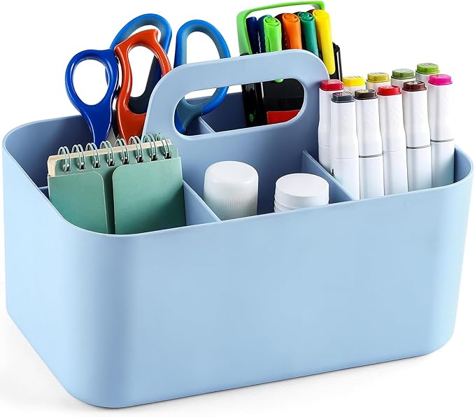 Multiuse Caddy Organizer with Handle, Portable Divided Plastic Tote Bin - Art Craft, Stationary Pen Marker Crayons, Makeup Hair Supplies Storage - Bathroom, Classroom, Dorm, Office, Desk Holder - Blue