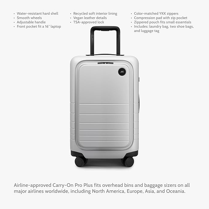 Monos Carry-On Pro Plus Luggage (23"), Hardside Spinner Suitcase with TSA Lock & Front Pocket, Airline Approved, Stellar White