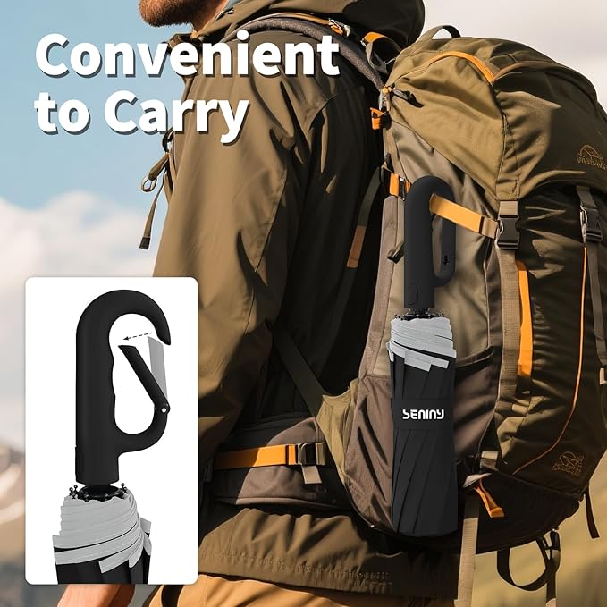Seniny Travel Umbrella with Carabiner Handle, Windproof Large Umbrellas for Rain with Dual-Rib Structure, Portable Compact Umbrella with Reflective Strip, Car Backpack UV Umbrellas for Sun Protection