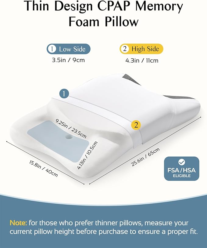CPAP Pillow for Side Sleeping, HSA/FSA Sleep Apnea Pillow for All CPAP Masks Users to Reduce Air Leaks, Masks Pressure, Memory Foam with Cooling & Breathable Pillowcase for Side Back Sleeper