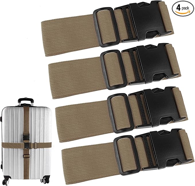 4Pcs Luggage Straps for Suitcase Travel Accessories TSA Approved, 80In Long Belts to Keep Your Suitcase Secure, Adjustable Bag Straps with Quick-Release Buckle for Travel Bag Closure, Brown