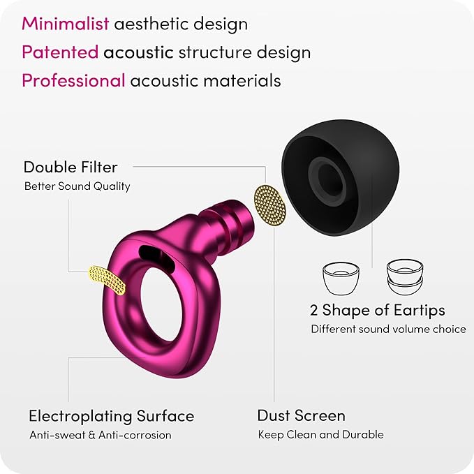 Audree Style Ear Plugs for Noise Reduction, Reusable High Fidelity Earplugs for Concerts, Musicians, Motorcycles, Study, Parent, Party, Flights & Sensitivity, 18-29dB Cancelling, Purple