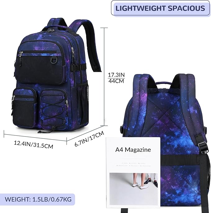 Lohol Multi-Pocket Backpack for Travel College, Heavy Duty Big Bookbag with 15.6 inch Laptop Compartment (Black Purple Galaxy