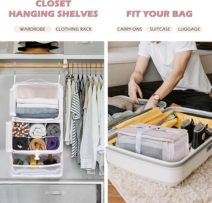 Surblue Hanging Shelves Travel Storage Bag Compression Packing Cube for Suitcase Collapsible with Extension Layer Large Capacity, Pink,XL