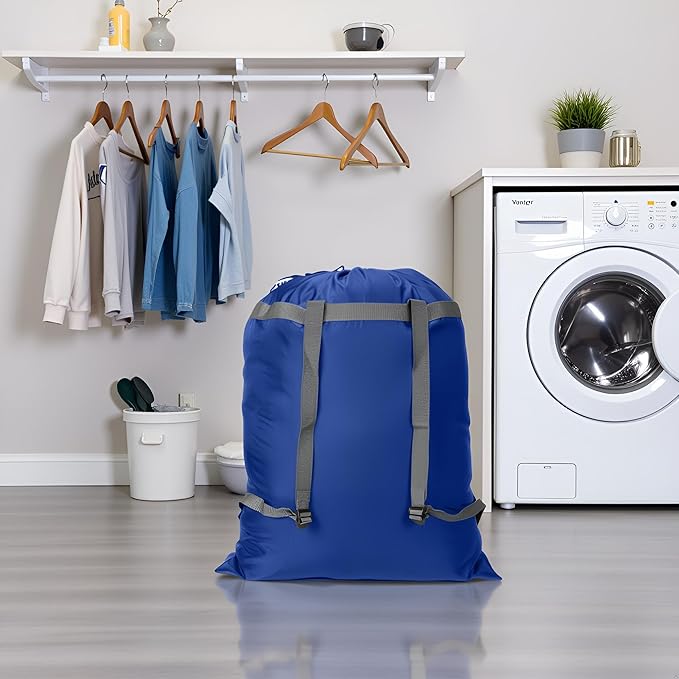 Laundry Bag Backpack, 27” x 34”Sturdy Laundry Bag with Shoulder Straps Drawstring Closure Heavy Duty Foldable Laundry Backpack for College, Travel, Laundromat, Apartment (blue)