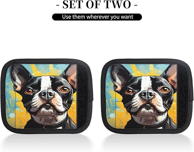 Luggage Handle Wraps Boston Terrier Dog Art Painting Luggage Identifiers Soft Neoprene Luggage Handle Wraps For Suitcase Trolley Handle Grip Cover 2 Pack Luggage Tags