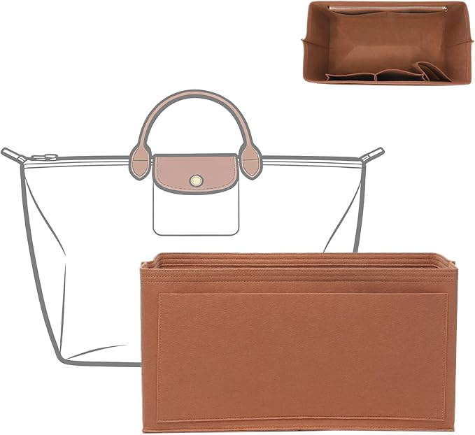 Doxo Felt Purse Organizer Insert for Longchamp Le Pliage L Travel Bag, Longchamp Orgainzer Insert Large with 9 Compartments and Zipper Water Bottle Holder, Fits Long Champ Large Bag (LT, Gold Brown)