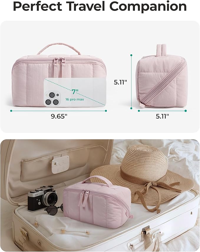 BAGSMART Travel Makeup Bag for Women, Portable Water-resistant Cosmetic Case, Puffy Padded Make Up Organizer Pouch, Open Flat Toiletry Bag for Toiletries, Brushes, Khaki