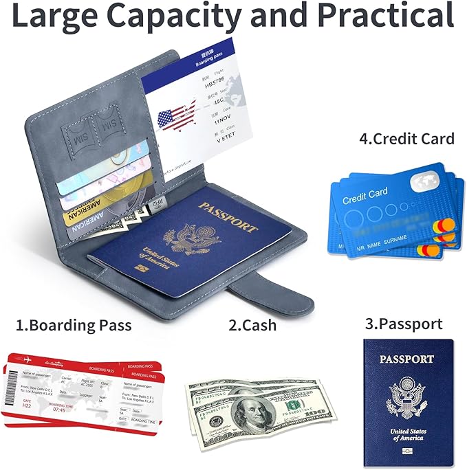 Passport Holder, Passport Cover with Credit Card Slot and Boarding Pass Slot Combo, Passport Wallet Case Book Travel Must Have, RFID Blocking Leather Travel Accessories, Navy Grey