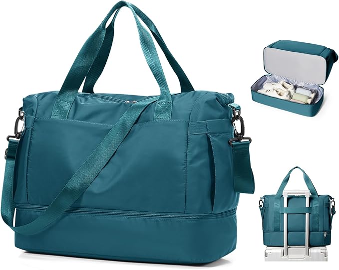 Travel Duffel Bag with Shoe Compartment, Large Weekender Bags for Women Men with Trolley Sleeve for Airplane, Waterproof Carry on Bag Sport Tote Bags Hospital Holdalls, Peacock Blue