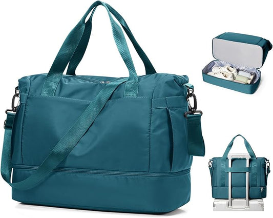 Travel Duffel Bag with Shoe Compartment, Large Weekender Bags for Women Men with Trolley Sleeve for Airplane, Waterproof Carry on Bag Sport Tote Bags Hospital Holdalls, Peacock Blue
