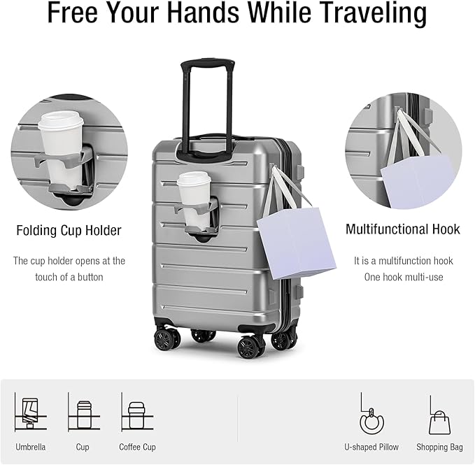 KYME Carry On Luggage 22x14x9 Airline Approved Hardshell Carry On Suitcases with Wheels Travel Rolling 20 Inch Luggage with Cup Holder for Women Men,Carry-on Silver Grey