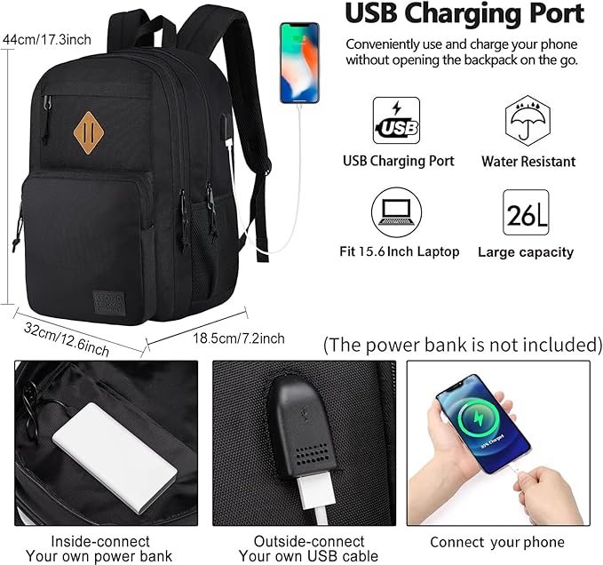 KEOFID Travel backpack for Men and Women, Anti Theft Laptop Backpack with USB Charging Port for Work, Large Bag for College, BLACK BOOK BAG FOR BOYS, GILRS Backpack,Water Resistent(Black)