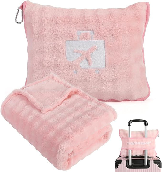 Pink Travel Blanket for Airplane, Soft Lightweight Flannel Blanket, Compact & Portable with Storage Bag, Luggage Strap & Clip, Cozy Travel Essential for Flights, Road Trips & More,40.7" x 64.1"
