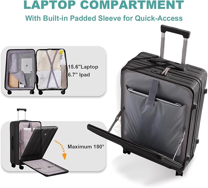 Gets Carry on Luggage Airline Approved,20 Inch Abs+Pc Hardshell Spinner Luggage With Cup Phone Holder and USB Charger,Front Pocket Durable Suitcase for Women Men-Black