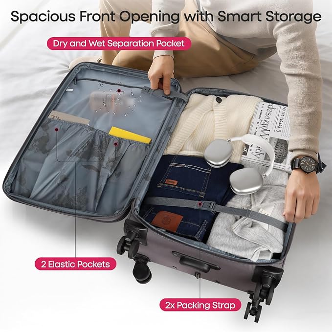 3PCS Set Softside Luggage Sets w/ Spinner Wheels,Expandable 20% Suitcase Upright Spinner Softshell w/TSA LOCK, Lightweight Durable Rolling Travel Luggage Set for Men/Women（Grey,22in/28in/32in）