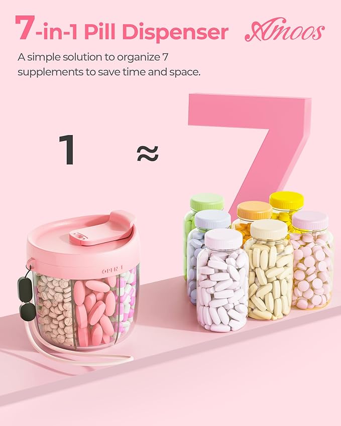Cute Pill Dispenser with 7 Compartments, Pill Bottle Organizer with Anti-Mix Design, Portable Pill Organizer for Travel with Wide Mouth for Easy Access, BPA-Free Patented Pill Container, Pink
