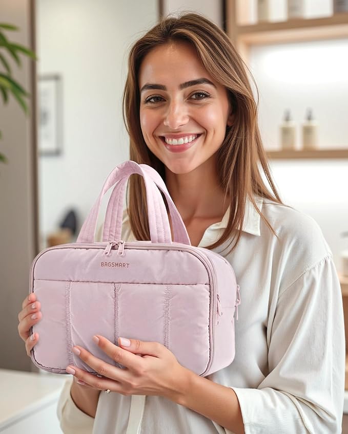 BAGSMART Travel Toiletry Bag, Puffy Large Toiletry Bag for Women, Lightweight Cosmetic Makeup Bag Organizer with Handle for Traveling, Accessories, Essentials, Toiletries (Pink)