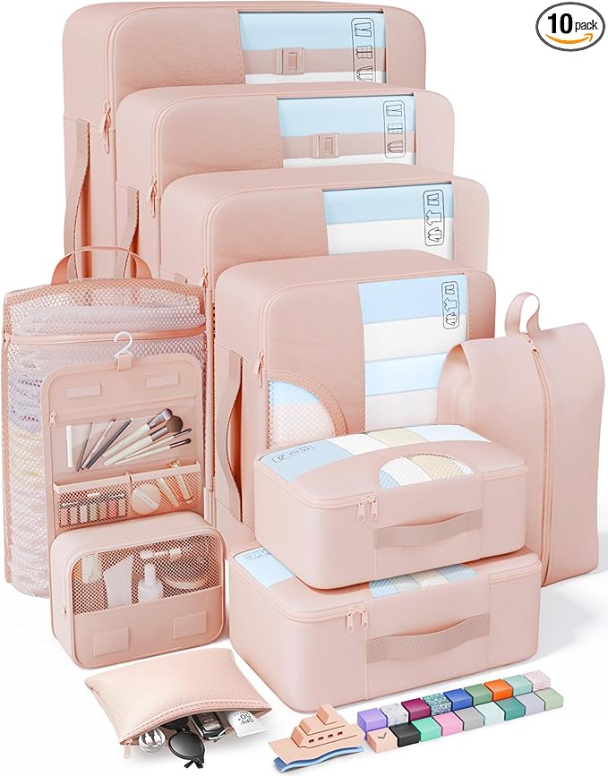 Veken 10 Set Packing Cubes for Travel, Beach Vacation Essentials Accessories for Cruise Ship, Suitcase Organizer Bags for Luggage with Hanging Toiletry & Shoe Bag, Birthday Gifts for Women Mom Her