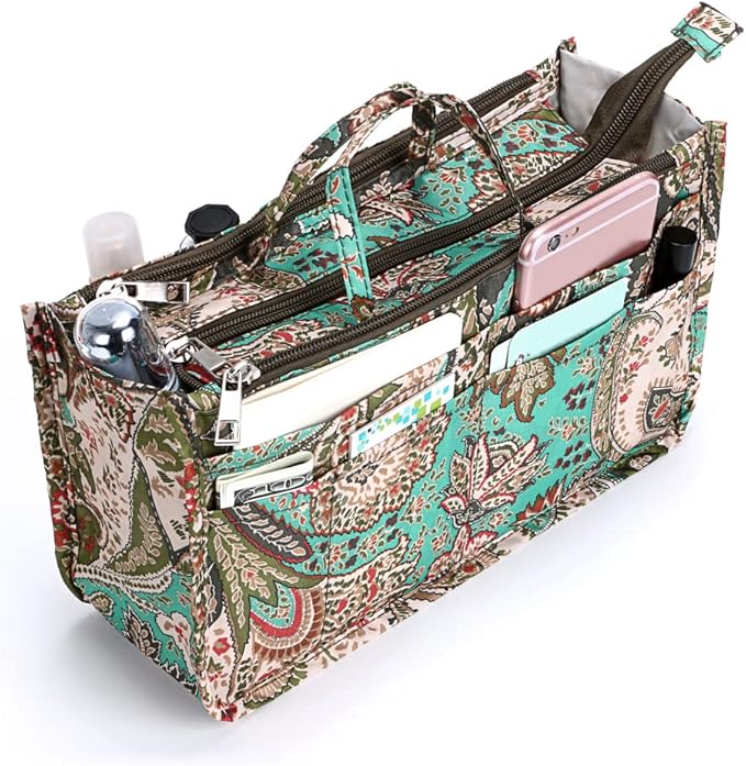 BTSKY New Printing Handbag Organizers Inside Purse Insert-High Capacity 13 Pockets Bag Tote Organizer with Handle Peacock Flower