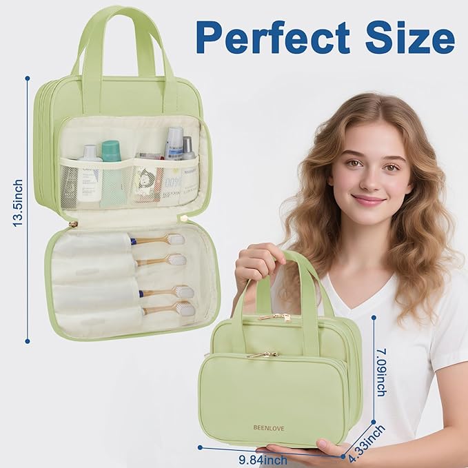 Travel Toiletry Bag, Water-resistant PU Leather Makeup Bag with Multiple Compartments, Large Capacity Makeup Organizer Bag with Handle for Accessories, Essentials, Toiletries, Green
