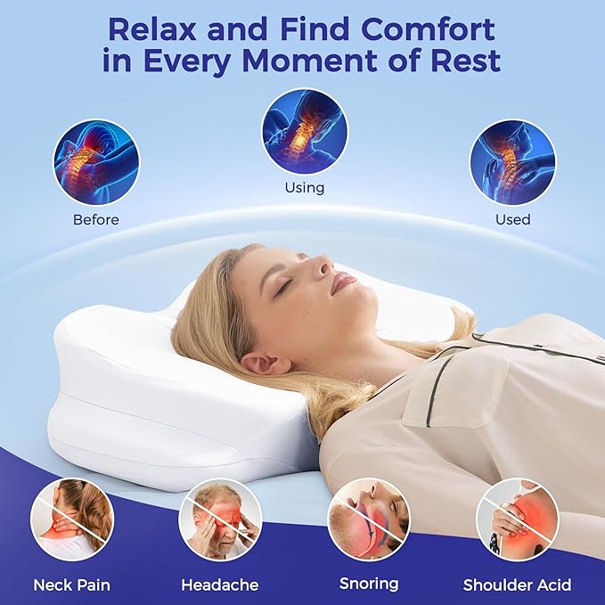 Cervical Neck Pillow for Pain Relief, Ergonomic Contour Pillow for Sleeping, Back Stomach Side Sleeper Pillows for Adults, Memory Foam Dual-Height Neck Support Pillow with Cooling Case, White