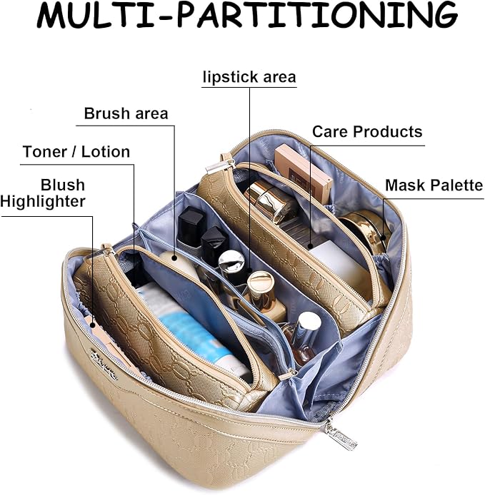 BOYATU Travel Makeup Bag for Women: Cosmetic Organizer Bag with Compartments - Leather Make up Bags Set of 3 (G-5-Gold Yellow)