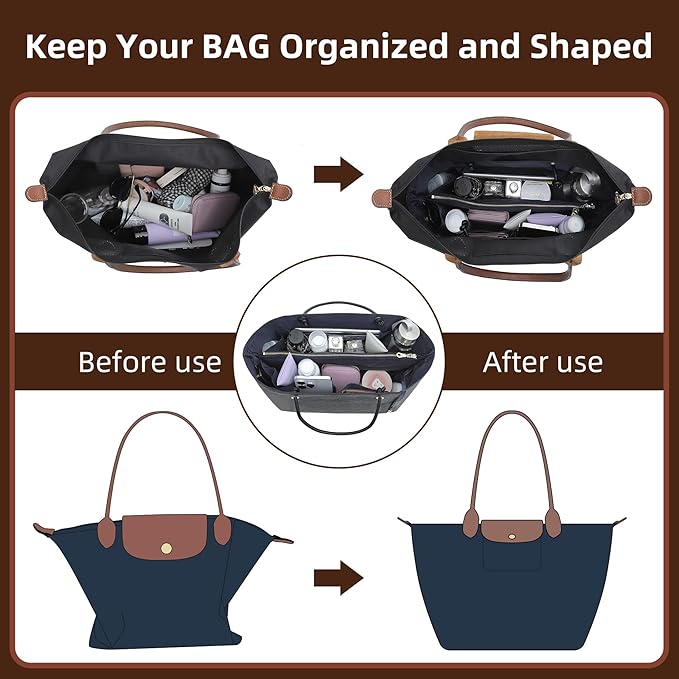 Doxo DupontPaper Purse Organizer Insert for Longchamp LePliage Large,Fixed Handle, Bag Shaper with Key Leash& 16 Compartments, Upgraded Elastic Cup Holder(Black Blue，L)
