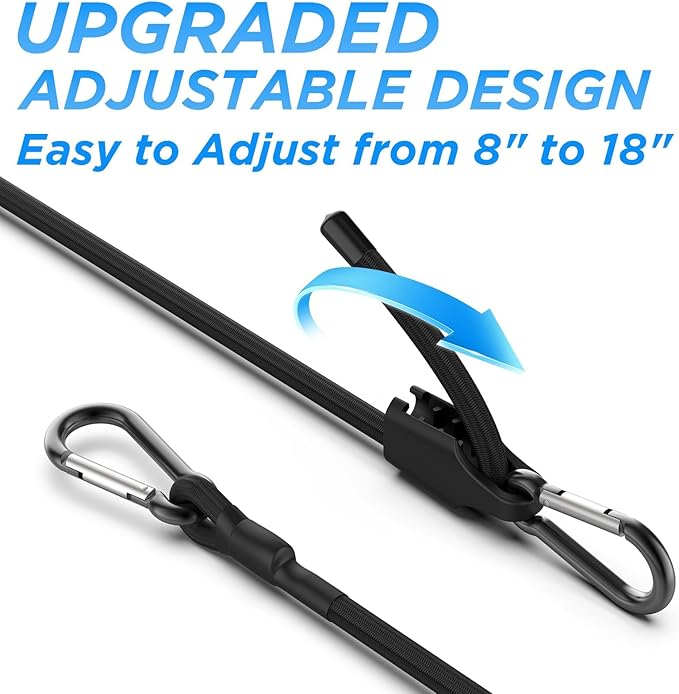 SDTC Tech 12 Inch Adjustable Bungee Cords with Carabiner Hooks, 4 Pack Heavy Duty Outdoor Super Elastic Bungee Straps Easily Adjust from 8" to 18" for Cargo, Bike, Luggage, Carts, Truck