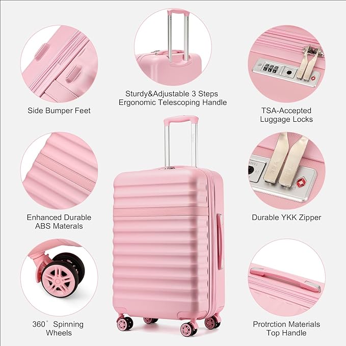 Kono Luggage Set 3 Pieces Expandable PC ABS Durable Suitcase Hardside with Double Spinner Wheels Tsa Lock Pink(20in/24in/28in)