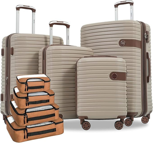 Merax Hardshell Luggage Sets 4 piece Lightweight Durable Suitcases With Wheels TSA Lock Expandable (only 24”/28”) ABS Large Travel Luggage Set (Khaki)