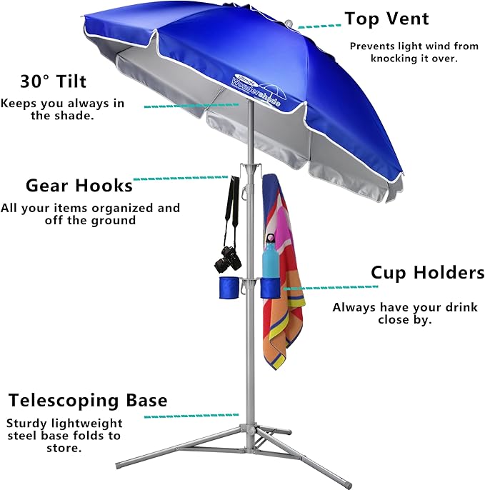 Wondershade Ultimate Portable Sun Shade Umbrella – Lightweight Adjustable Outdoor Patio & Beach Umbrella with Tripod Base (Blue)