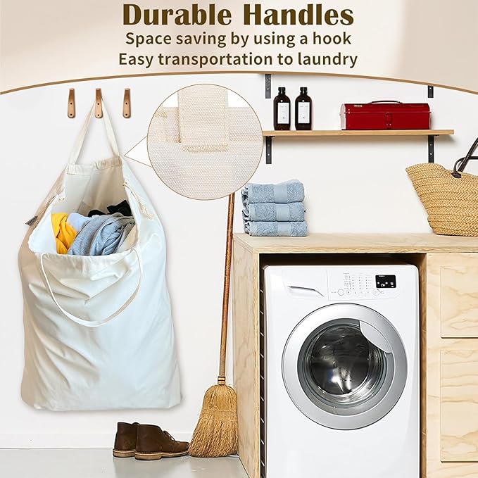 Canvas Laundry Bag with Handles & Drawstring Closure 27.5”Wx35"H, Thick Laundry Bag Large Heavy Duty Washable Dirty Clothes Travel Sack for Camp, College Dorm, Laundromat (Beige L, 2 Pack)