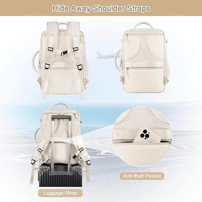 Travel Backpack for Women, Expandable 40L Carry on Flight Approved Backpack, 17 Inch Laptop Waterproof Travel Bag for College, Travel, Work, Beige