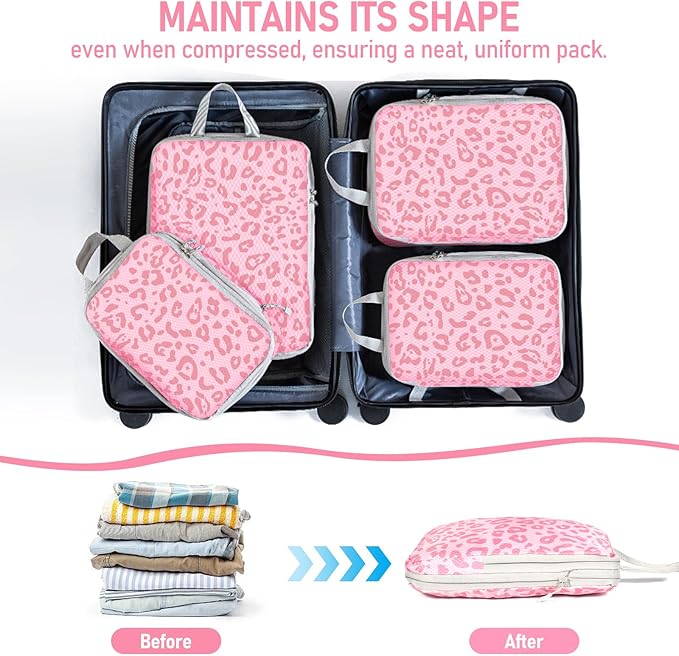 4 Set Compression Packing Cubes For Travel Bags Organizer For Luggage Suitcase Organizer, Compression Bags For Travel Accessories Luggage Storage Set (4 Pcs, Pink Leoparda)