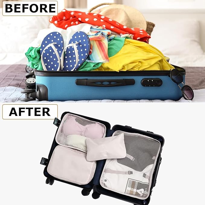 6 Set Packing Cubes for Travel, Luggage Organizers with Shoe & Toiletry Bags, Lightweight Suitcase Organizer for Carry-On, Washable Laundry Bags (Beige)
