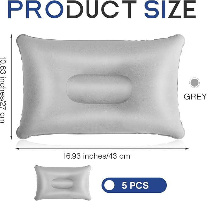 Maitys 5 Pieces Inflatable Travel Pillow Portable Compact Air Pillow Flocked Fabric Backpacking for Camping Hiking Home Office Sleeping Neck Head Lumbar Support(16.93 x 10.63 Inches,Gray)