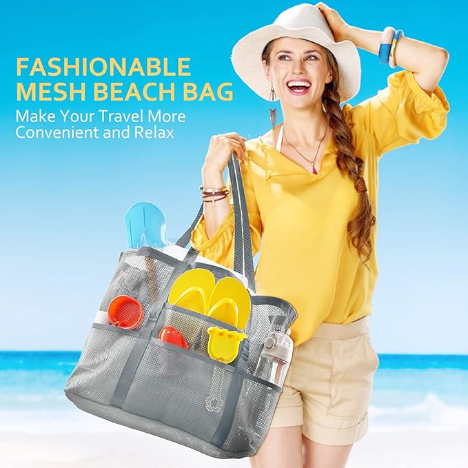 SRISE Mesh Beach Bag - Large Beach Tote Bag for Family Beach Bag for Toys & Vacation Essentials