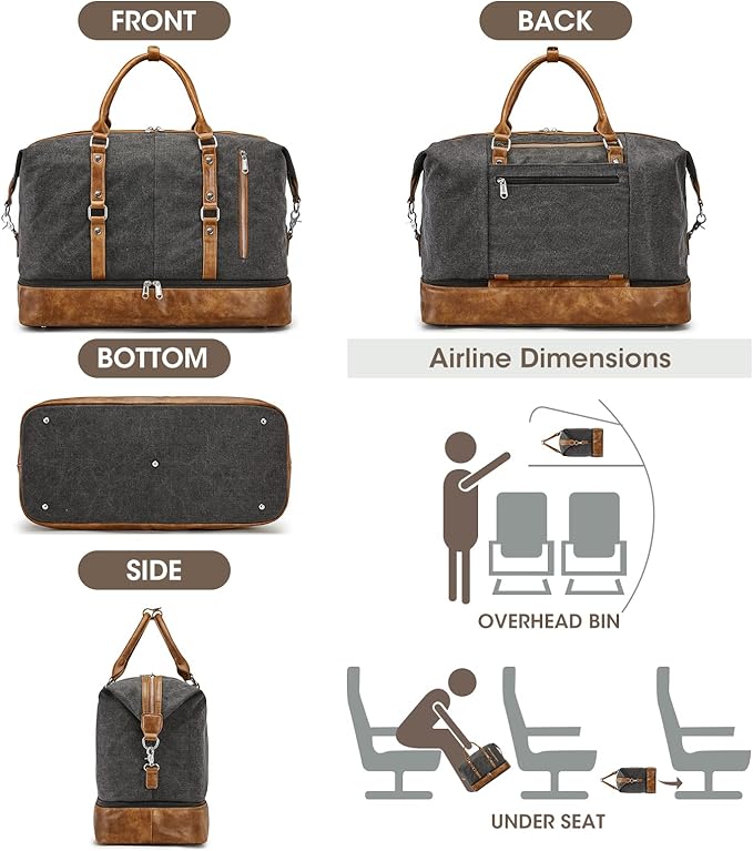 S-ZONE Weekender Bag for Men Canvas Duffle Large Weekend Overnight Travel Carry On Tote Bag with Shoe Compartment Black