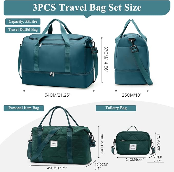 Extra Large Travel Duffle Bag,Carry on Overnight Bag with Shoes Compartment,Weekender Bags for Women for Travel Business Trips Sport Hospital,3 Pcs Set,Peacock Blue