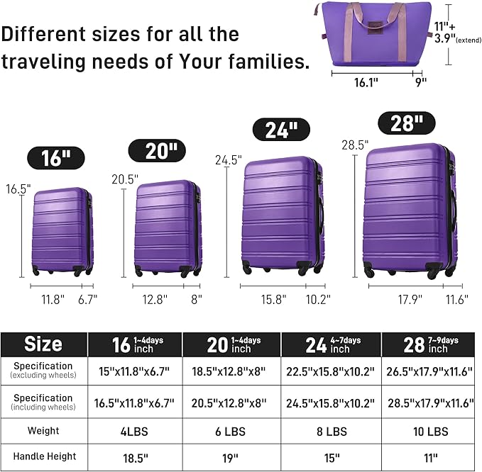 Merax Luggage Sets 13 Piece Suitcase Set 16/20/24/28 IN,Carry on Luggage and Travel Bag TSA Lock Expandable,Hard Case Luggage with Spinner Wheels,Purple